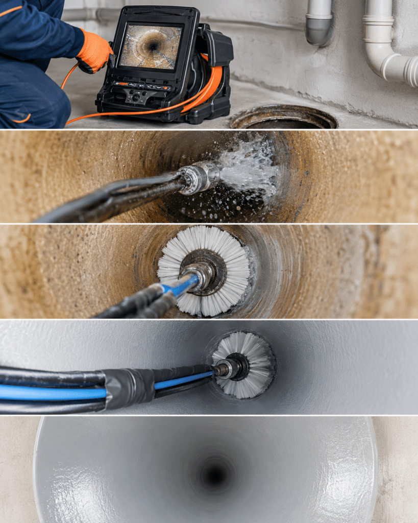 Ablauf einer Spraylining-Sanierung mit Reinigung, Vorbereitung, Beschichtung und Endkontrolle