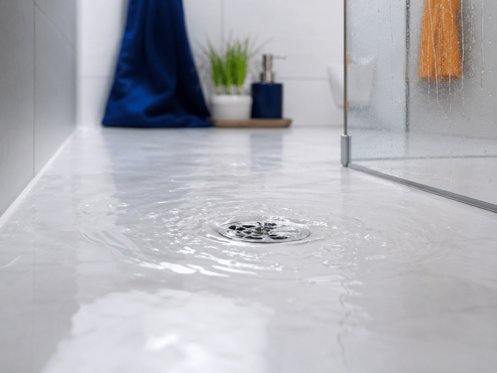 Wasser staut sich im Badezimmerablauf und überflutet den Boden