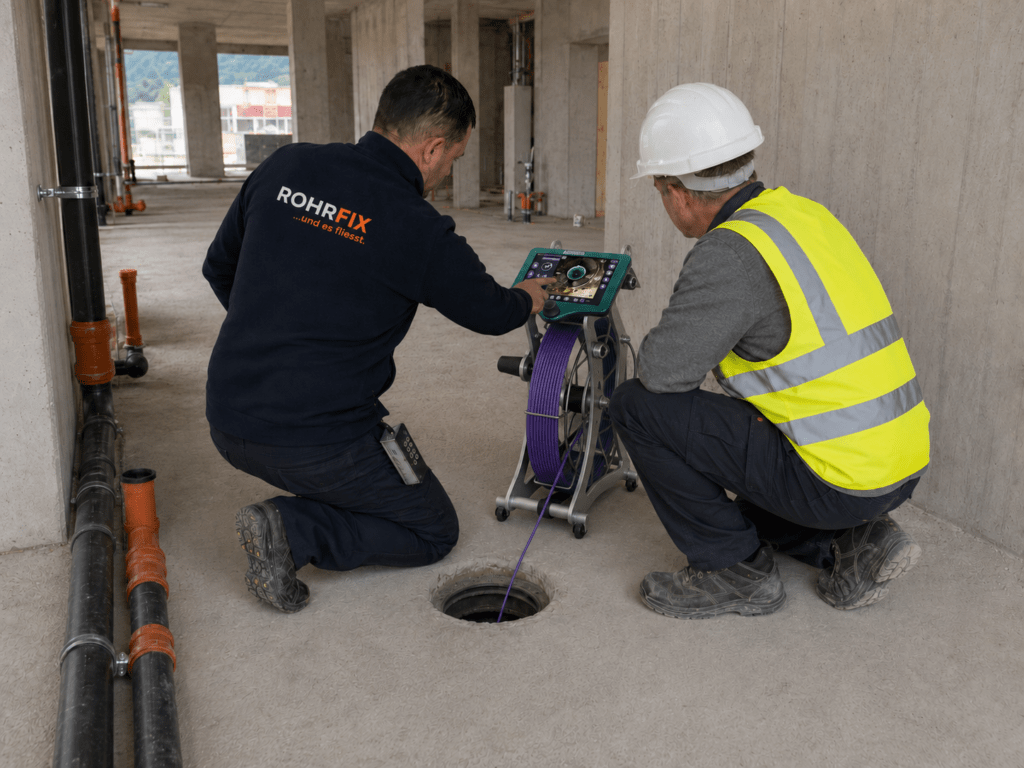 ROHRFIX Mitarbeiter führt eine Rohrinspektion auf einer Baustelle durch