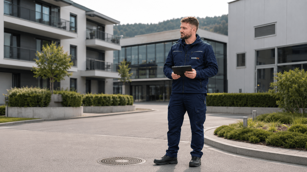ROHRFIX Aussendienstmitarbeiter bei der Projektinspektion vor einem Gebäude