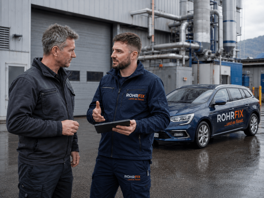 ROHRFIX Aussendienstmitarbeiter berät einen Kunden auf einem Firmenareal