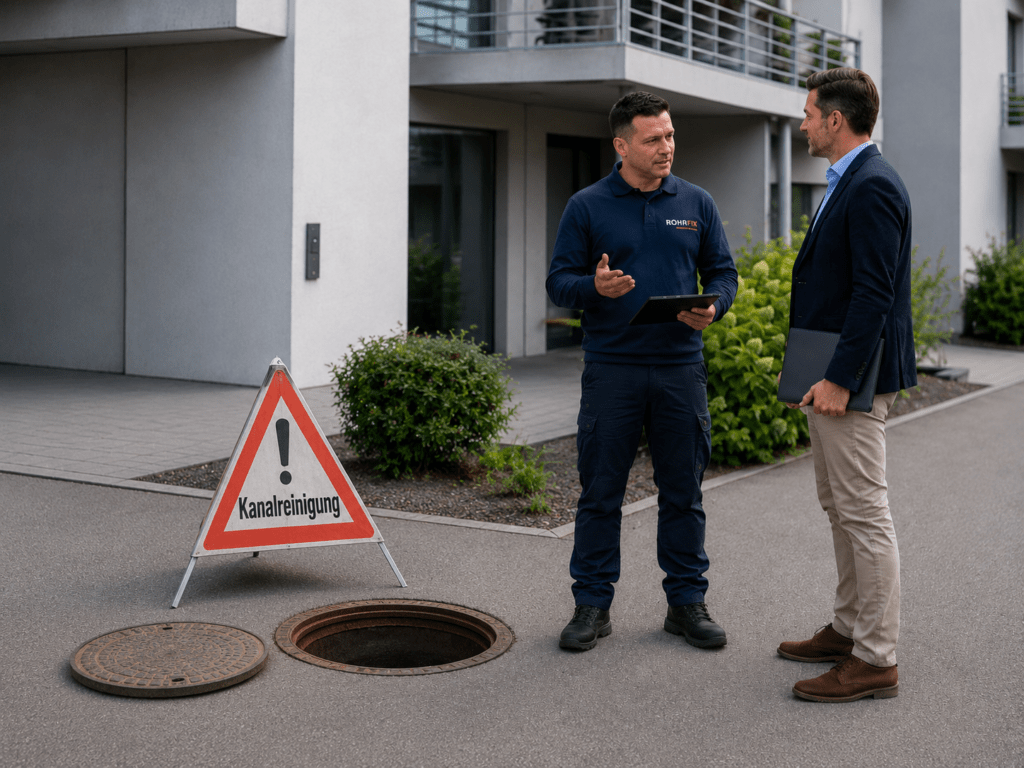 ROHRFIX Mitarbeiter bespricht eine Kanalinspektion vor einem Mehrfamilienhaus