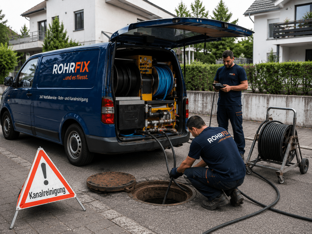 ROHRFIX Mitarbeiter bei Kanalreinigung im Notfalleinsatz mit Servicefahrzeug und geöffnetem Schacht