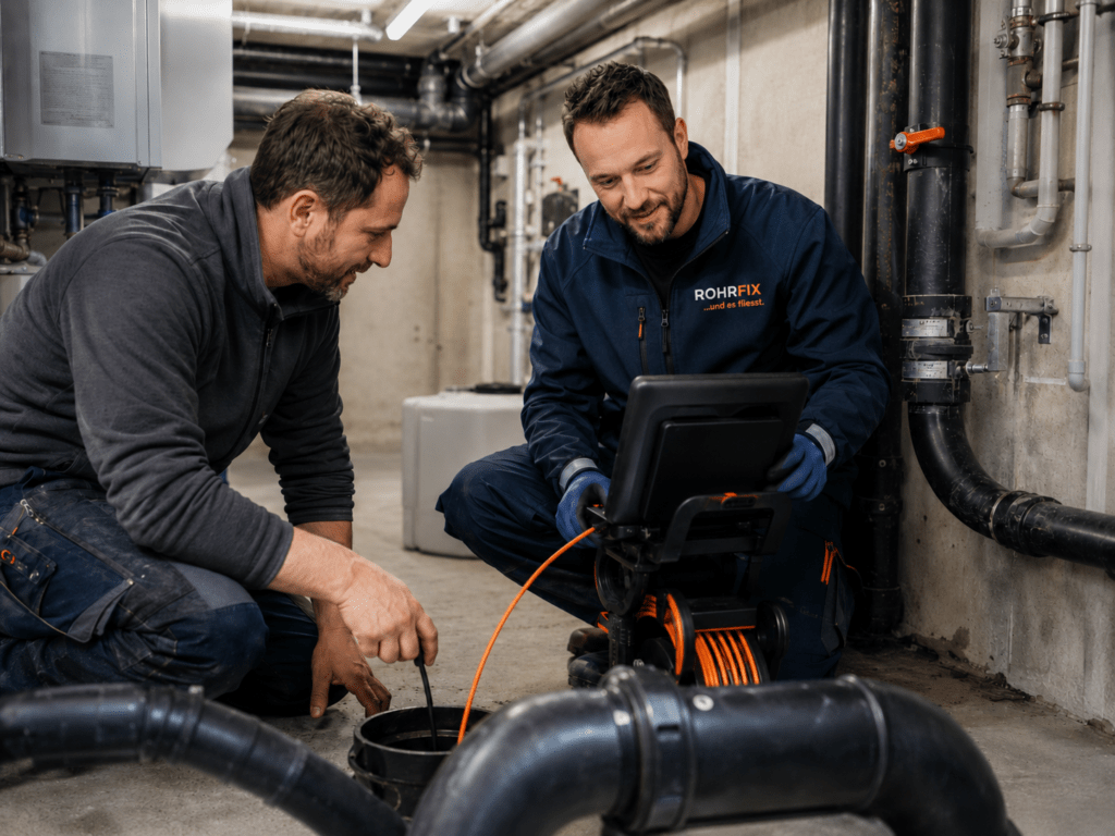 ROHRFIX Mitarbeiter bespricht eine Rohrinspektion mit einem Kunden im Technikraum