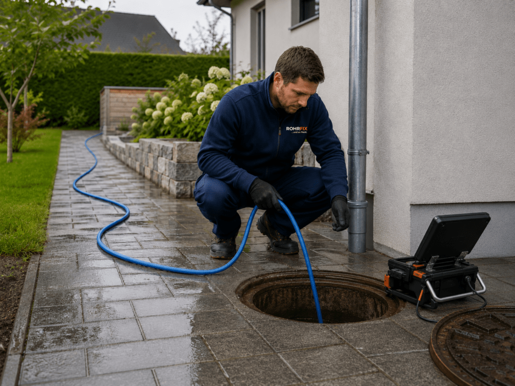 ROHRFIX Mitarbeiter spült eine Sickerleitung über einen Schacht