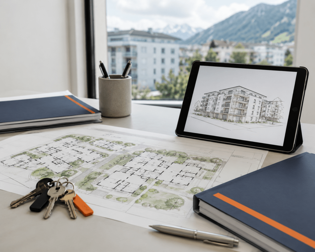 Arbeitsplatz einer Immobilienverwaltung mit Grundrissplan, Tablet und Schlüsseln
