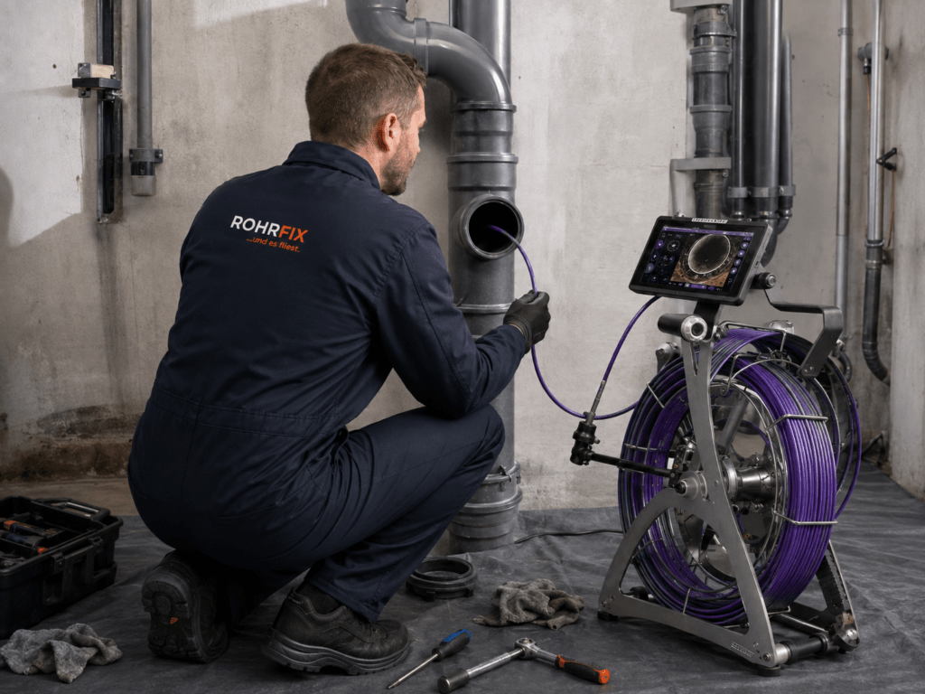 ROHRFIX Mitarbeiter reinigt einen Fallstrang mit Kummert Easy Kamera