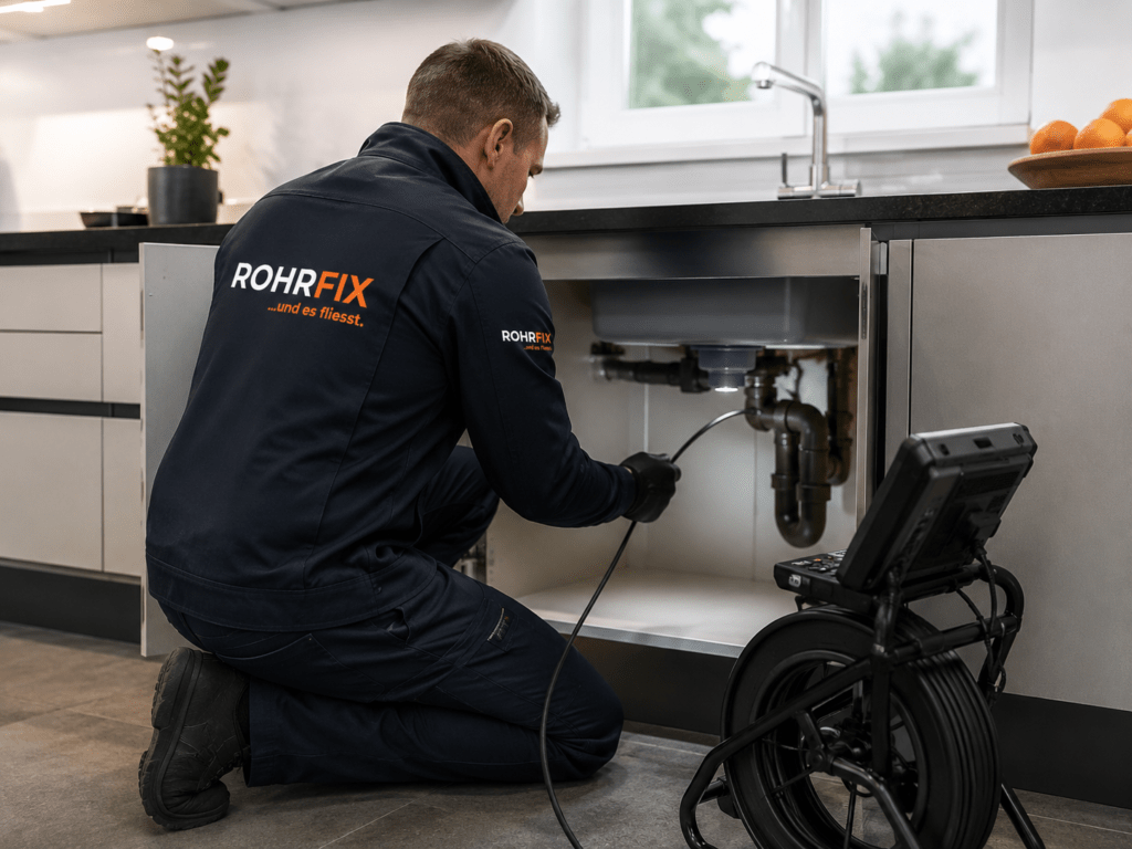 ROHRFIX Mitarbeiter führt eine Kamera-Inspektion am Küchenablauf durch