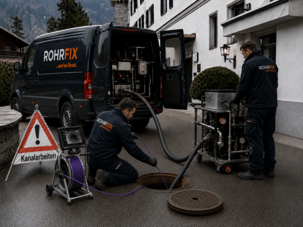 ROHRFIX Mitarbeiter führen eine Spraylining Sanierung bei einem Hotel in Graubünden durch